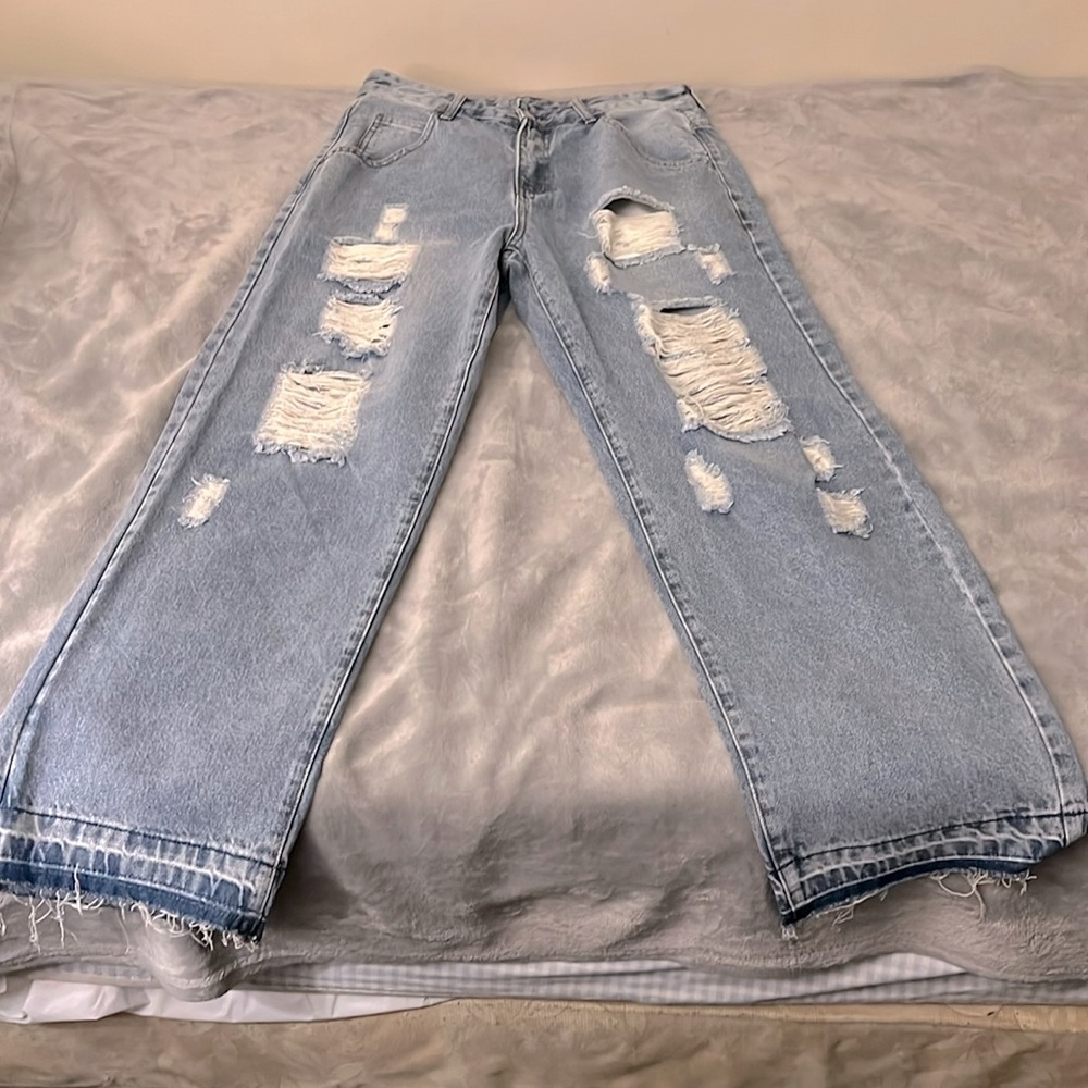 SHEIN Manfinity EMRG Loose Fit Men's Ripped Raw Cut Straight Leg Jeans XS 34